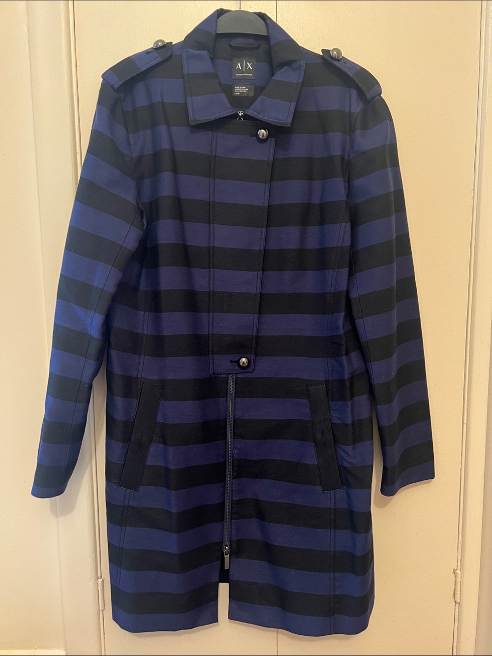 A/X Armani Exchange Navy and Black Striped Trench Coat